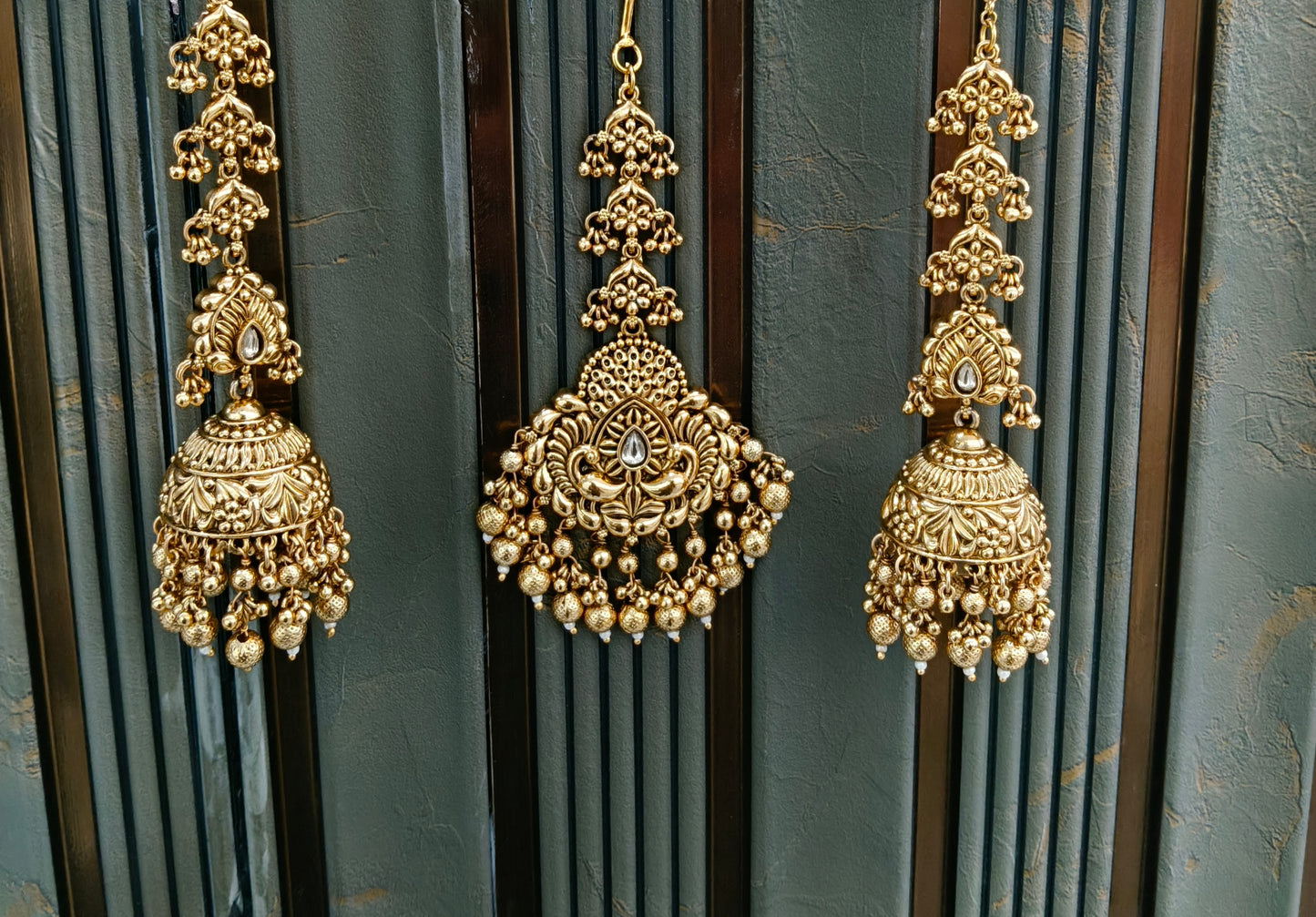 Gold Punjabi Polki Style Earrings and Tikka set