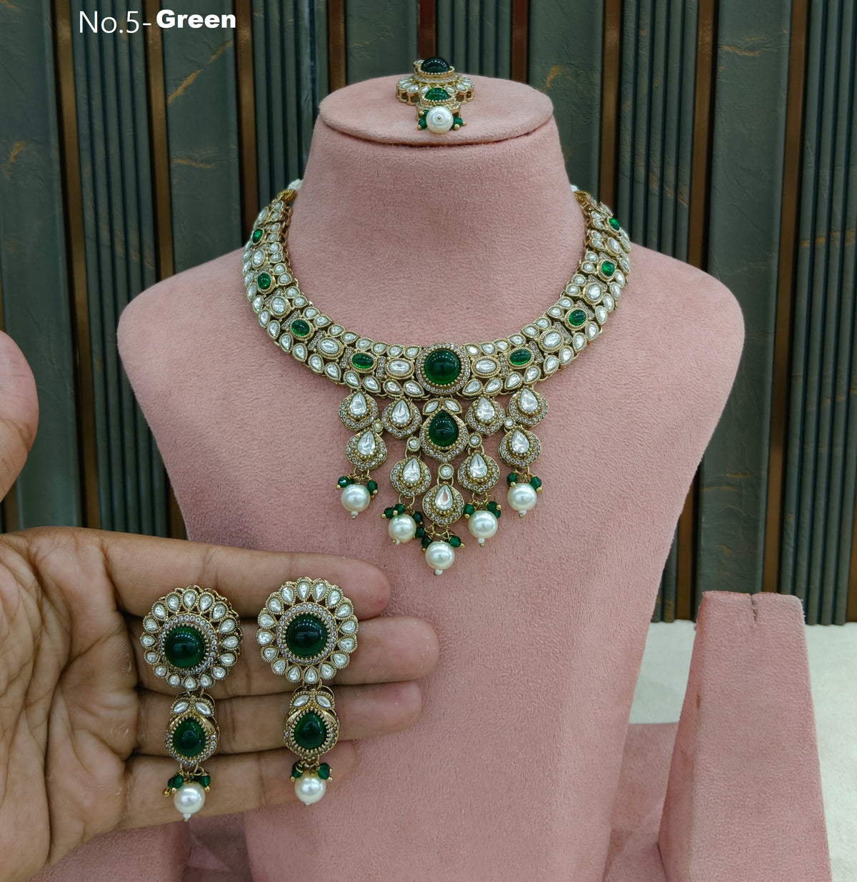 Green Moissanite Kundan Necklace Jewellery Danish Set