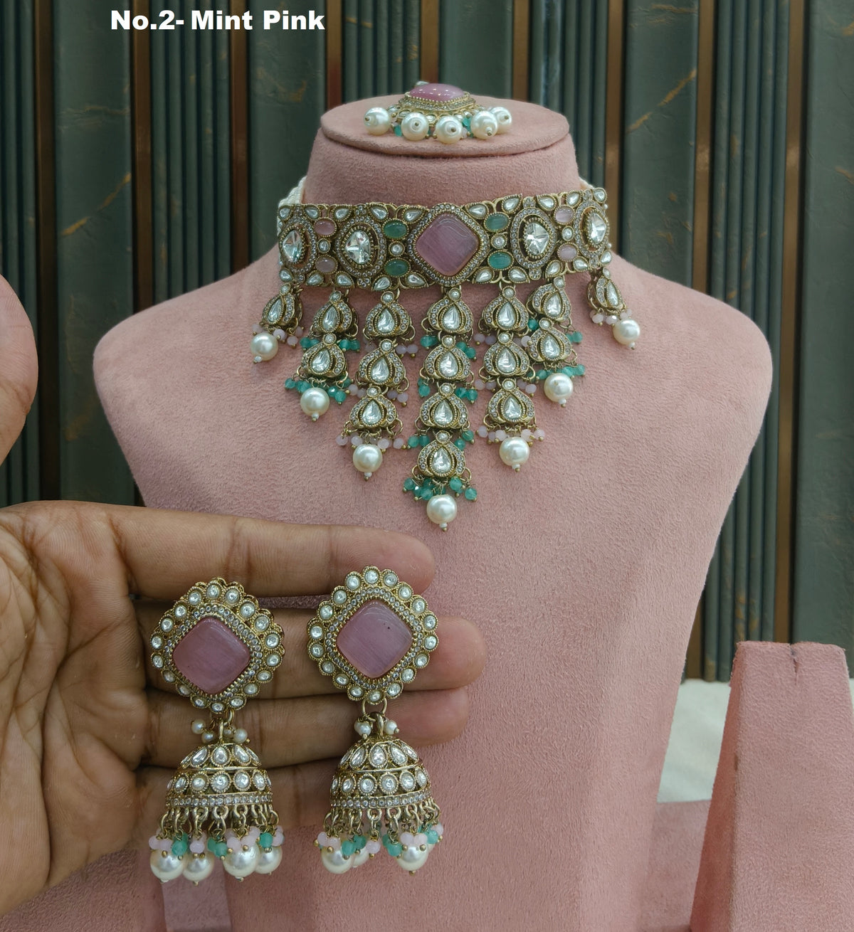 Mint Pink Moissanite Kundan Choker Jewellery Anita Set