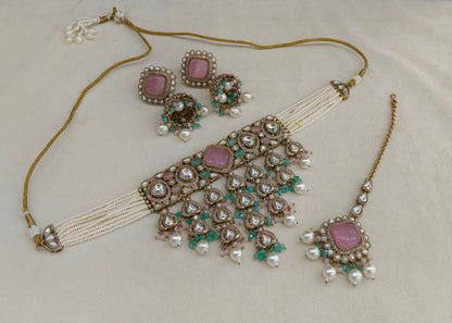 Mint Pink Moissanite Kundan Choker Jewellery Anita Set