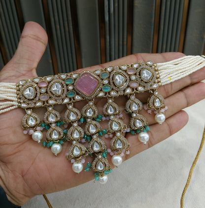 Mint Pink Moissanite Kundan Choker Jewellery Anita Set