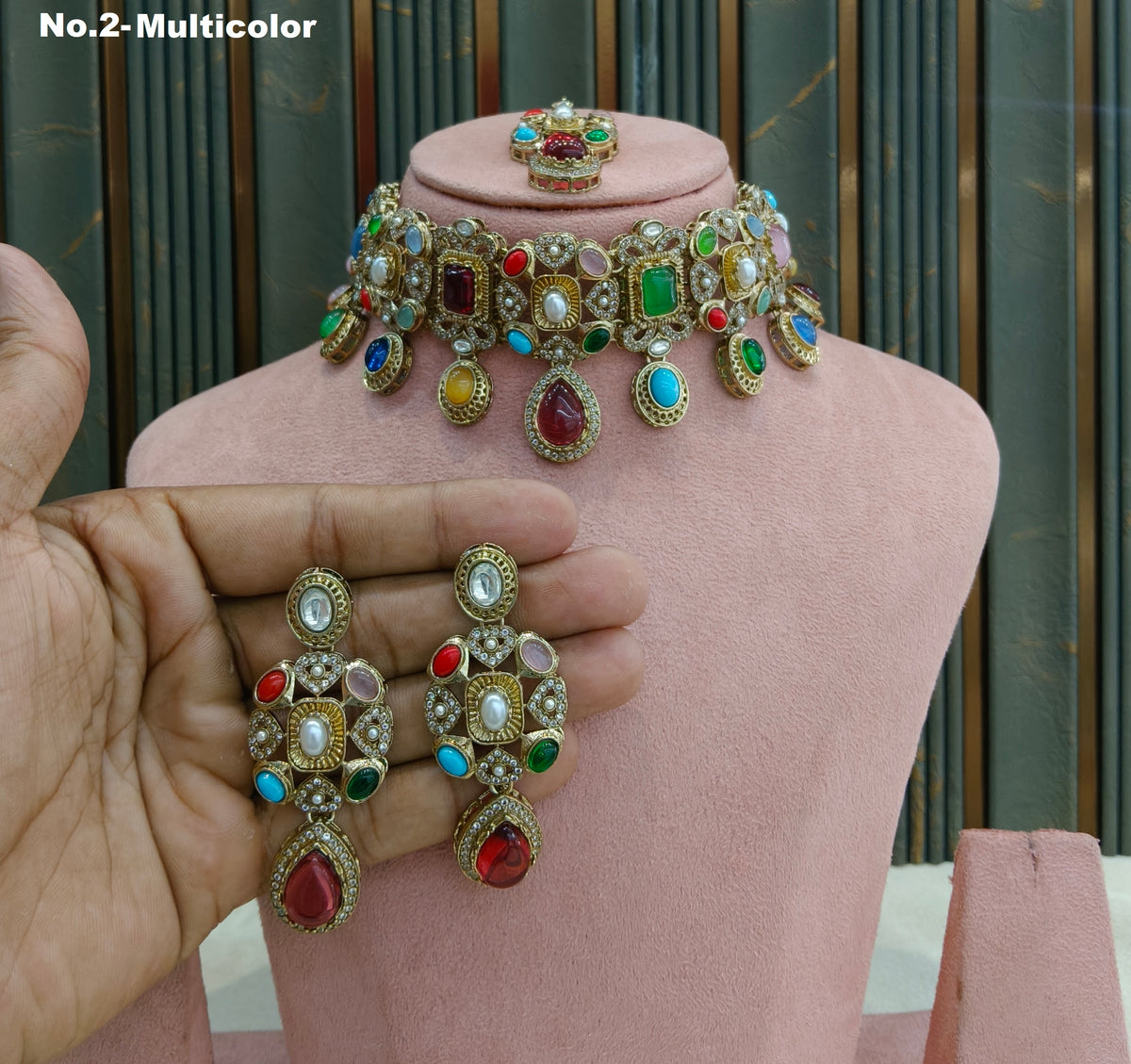 Multicolor Moissanite Kundan Choker Jewellery Wiley Set