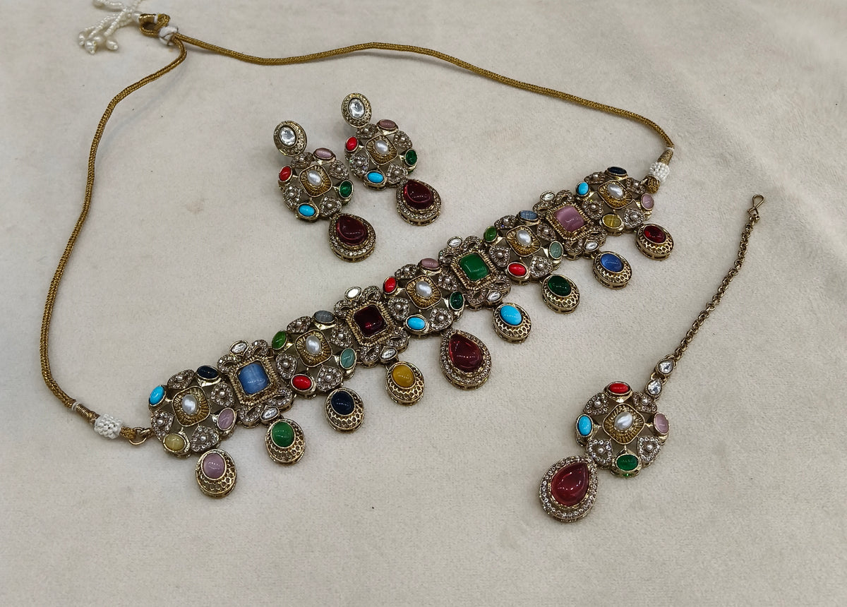 Multicolor Moissanite Kundan Choker Jewellery Wiley Set