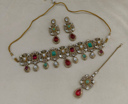 Maroon Mint Moissanite Kundan Choker Jewellery Wiley Set