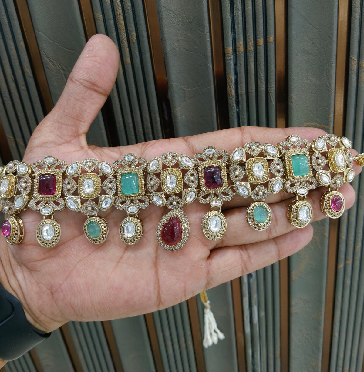 Maroon Mint Moissanite Kundan Choker Jewellery Wiley Set