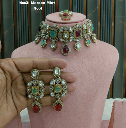 Maroon Mint Moissanite Kundan Choker Jewellery Wiley Set