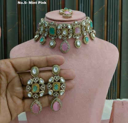 Mint Pink Moissanite Kundan Choker Jewellery Wiley Set