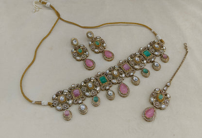 Mint Pink Moissanite Kundan Choker Jewellery Wiley Set