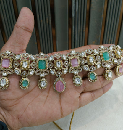 Mint Pink Moissanite Kundan Choker Jewellery Wiley Set