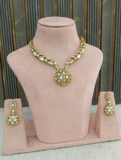 Antique White Moissanite Kundan Cz Stone Necklace Jewellery Alina Set