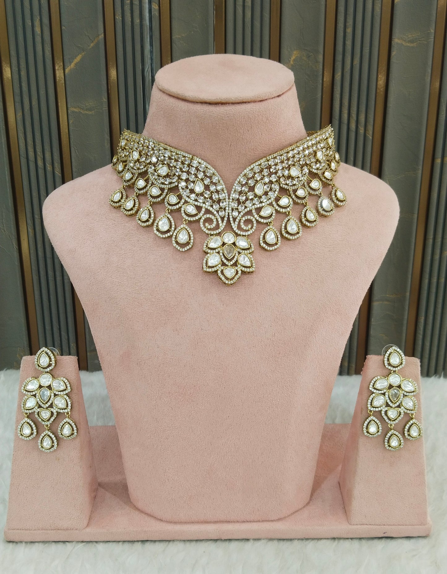 Antique White Moissanite Kundan Cz Stone Necklace Jewellery Ira Set