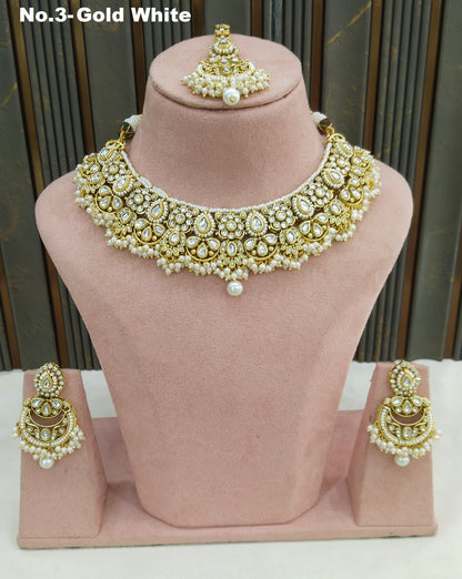 Gold White Kundan necklace Set/ Indian jewellery kundan Zori sets