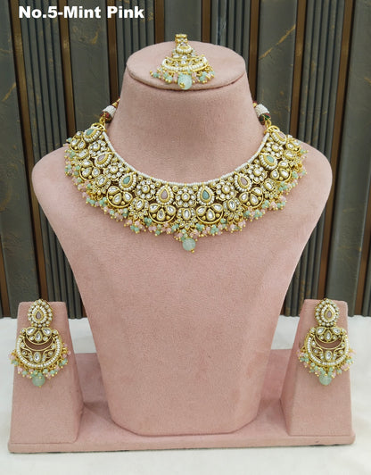 Mint Pink Kundan necklace Set/ Indian jewellery kundan Zori sets