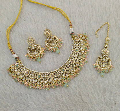 Mint Pink Kundan necklace Set/ Indian jewellery kundan Zori sets