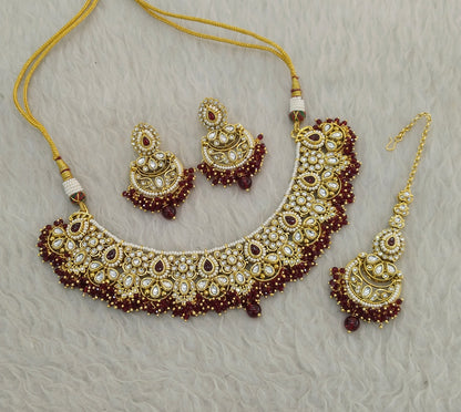 Maroon Kundan necklace Set/ Indian jewellery kundan Zori sets