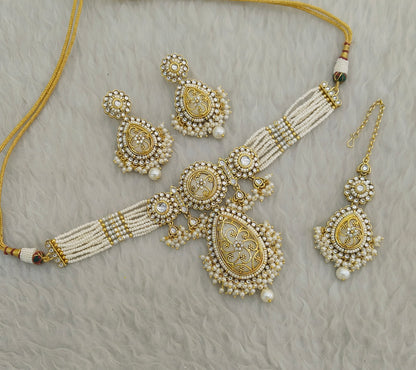 Gold White Kundan choker Set/ Indian jewellery kundan Sharn sets