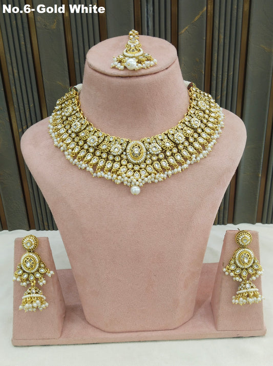 Gold white Kundan necklace Set/ kundan Indian jewellery Gabu sets