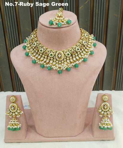 Ruby Sagegreen Kundan necklace Set/ kundan Indian jewellery Gabu sets