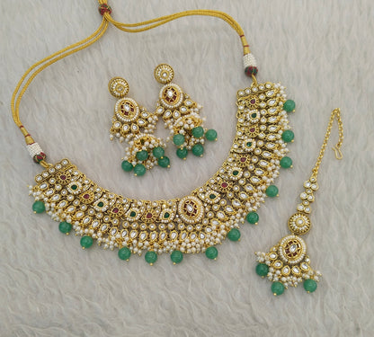 Ruby Sagegreen Kundan necklace Set/ kundan Indian jewellery Gabu sets