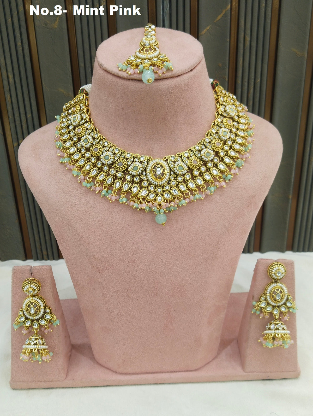 Mint Pink Kundan necklace Set/ kundan Indian jewellery Gabu sets