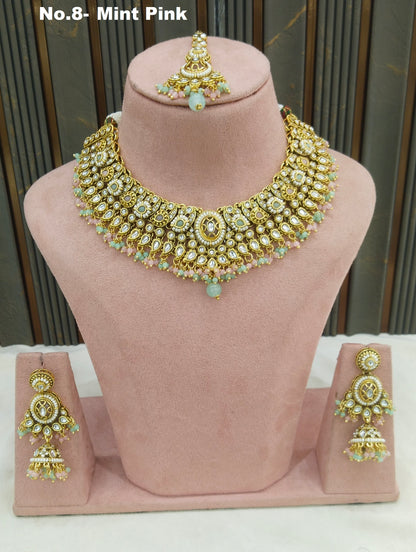 Mint Pink Kundan necklace Set/ kundan Indian jewellery Gabu sets