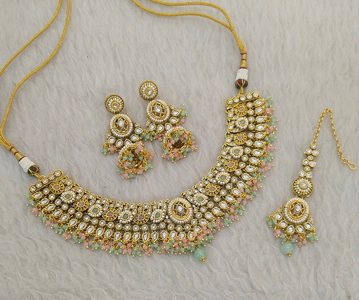 Mint Pink Kundan necklace Set/ kundan Indian jewellery Gabu sets