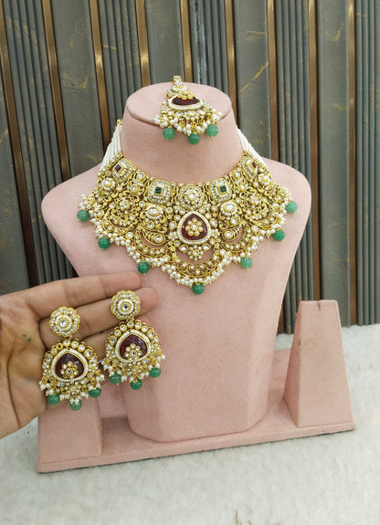 Ruby SageGreen Kundan necklace Set/ kundan Indian Harjot jewellery sets