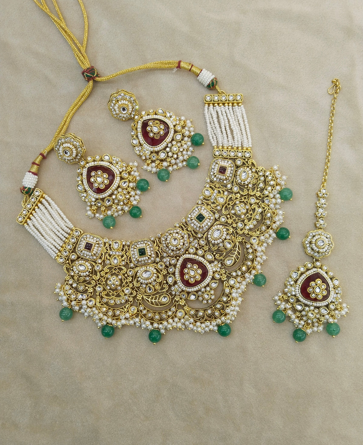 Ruby SageGreen Kundan necklace Set/ kundan Indian Harjot jewellery sets
