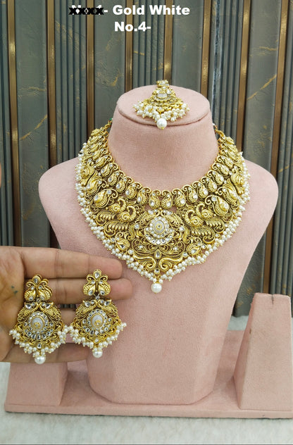 Gold White Kundan necklace Set/ kundan Indian Resham jewellery sets