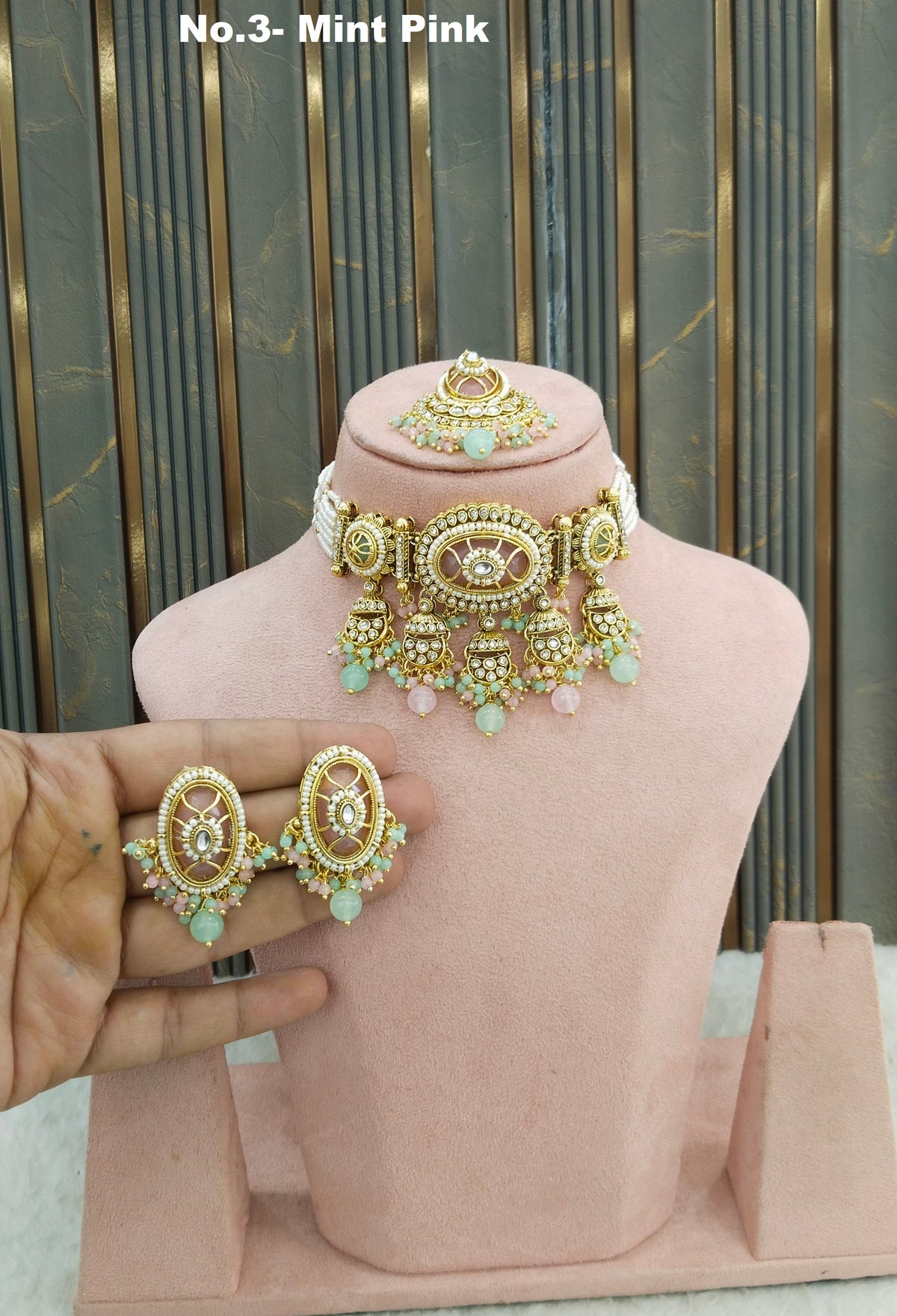 Mint pink Kundan Choker Jewellery Switi Set
