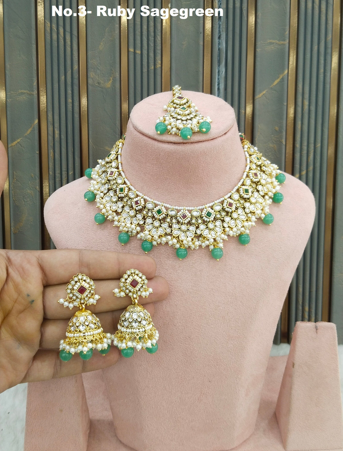 Ruby Sagegreen Kundan necklace Set/ kundan Indian Gila jewellery sets