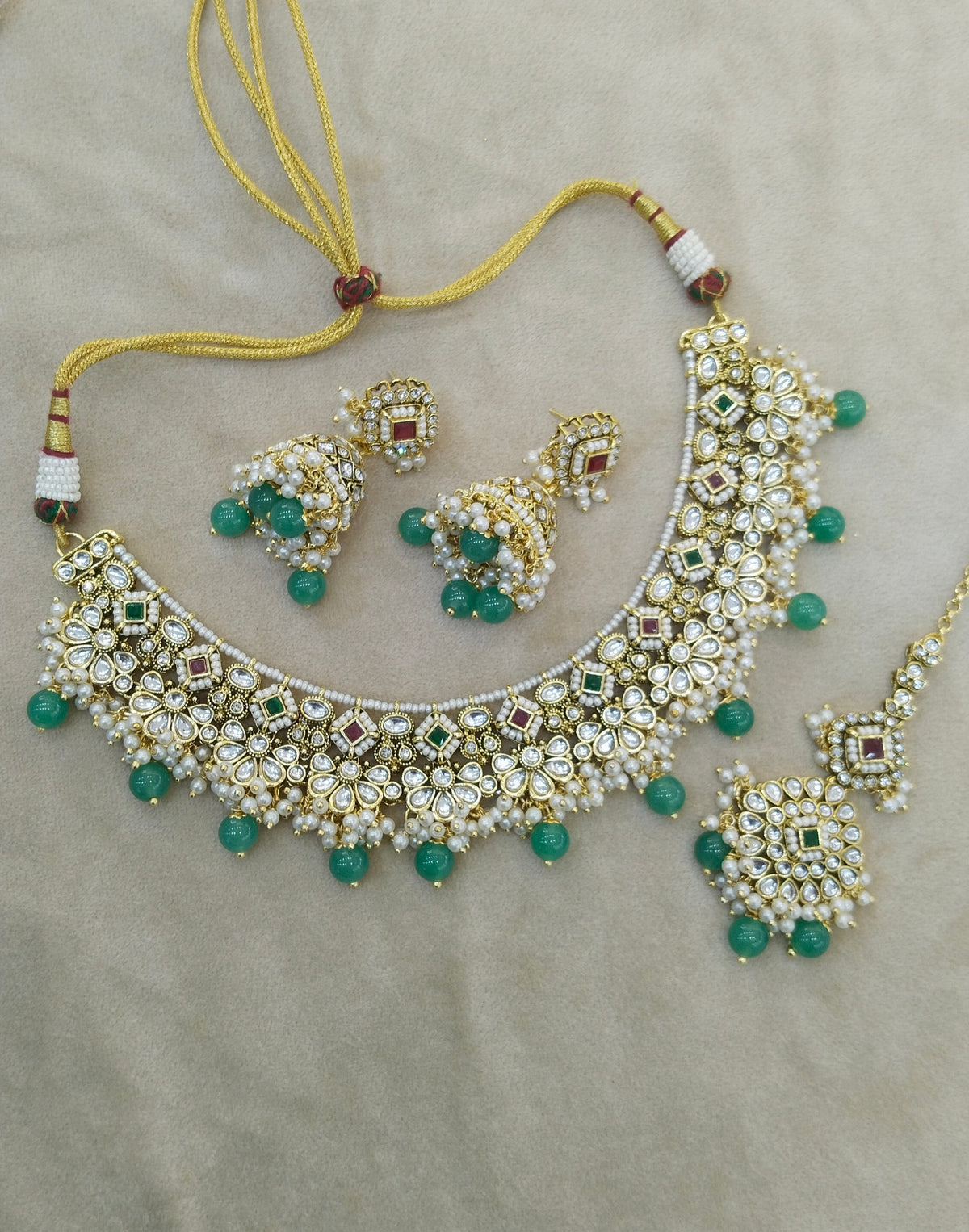 Ruby Sagegreen Kundan necklace Set/ kundan Indian Gila jewellery sets