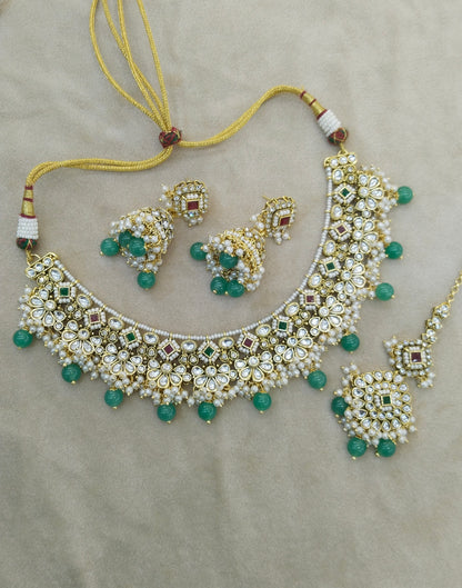 Ruby Sagegreen Kundan necklace Set/ kundan Indian Gila jewellery sets