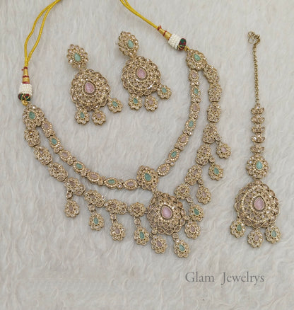 Antique Gold Mint Pink Simi Necklace Layered sets