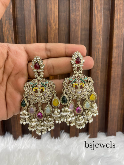 Multicolor Antique Gold Bollywood Earrings Sarpunch Set