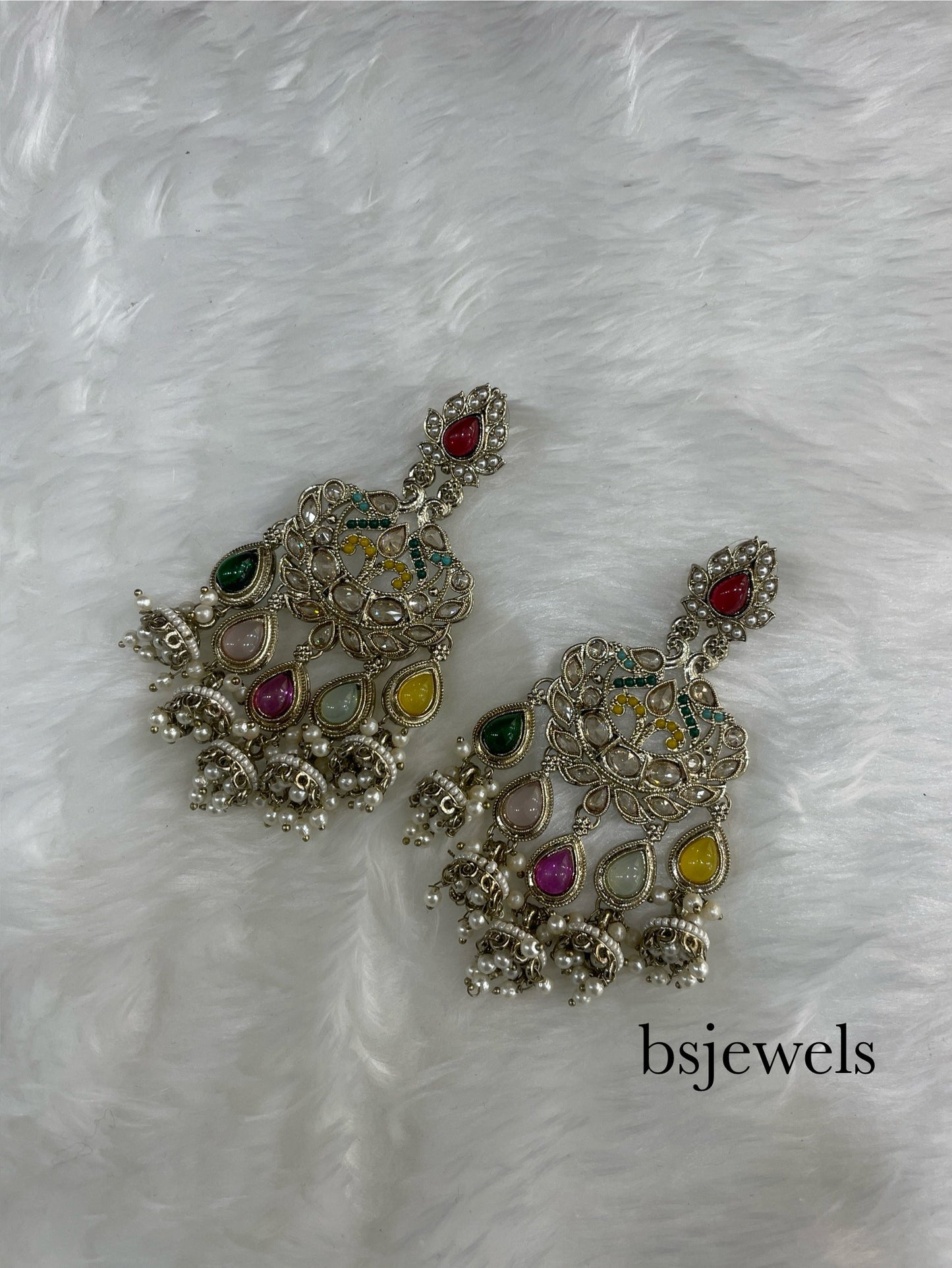 Multicolor Antique Gold Bollywood Earrings Sarpunch Set