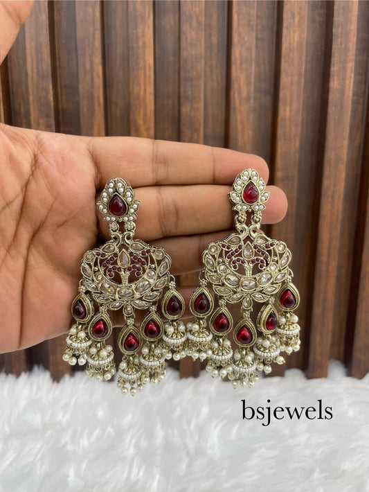 Maroon Antique Gold Bollywood Earrings Mela Set