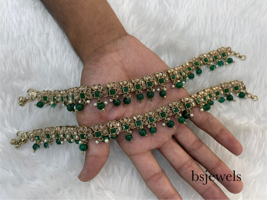 Green Antique Gold Anklets Jhanjar Payal Jewellery