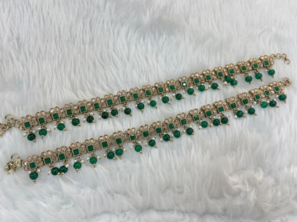 Green Antique Gold Anklets Jhanjar Payal Jewellery
