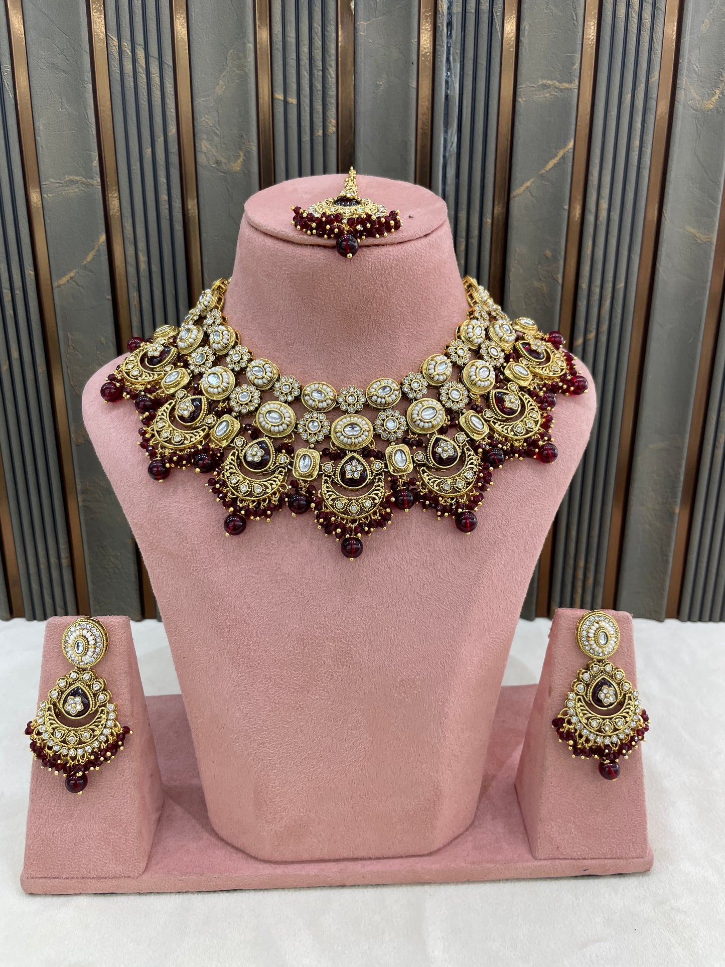Gold Maroon Kundan necklace Set/ kundan Indian Manjot jewellery sets