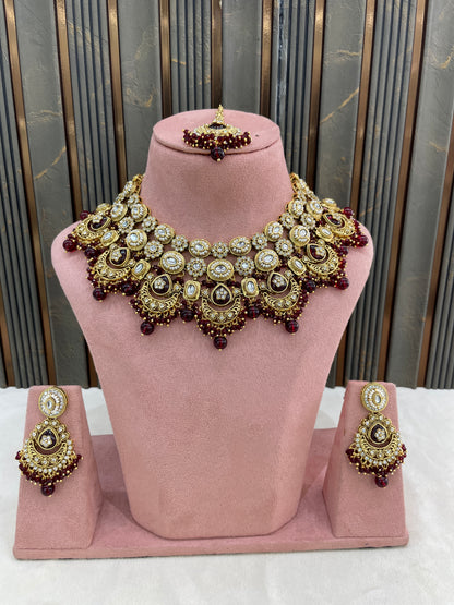 Gold Maroon Kundan necklace Set/ kundan Indian Manjot jewellery sets