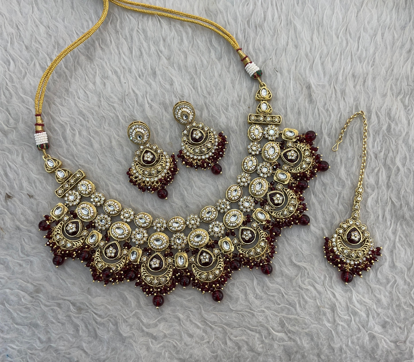 Gold Maroon Kundan necklace Set/ kundan Indian Manjot jewellery sets