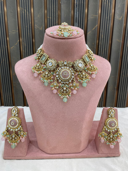 Gold Mint Pink Kundan necklace Set/ kundan Indian Sehaj jewellery sets