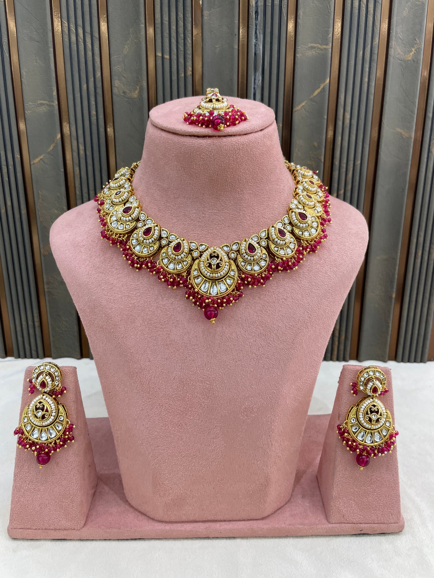 Gold Manjenta Kundan necklace Set/ kundan Indian Ekan jewellery sets