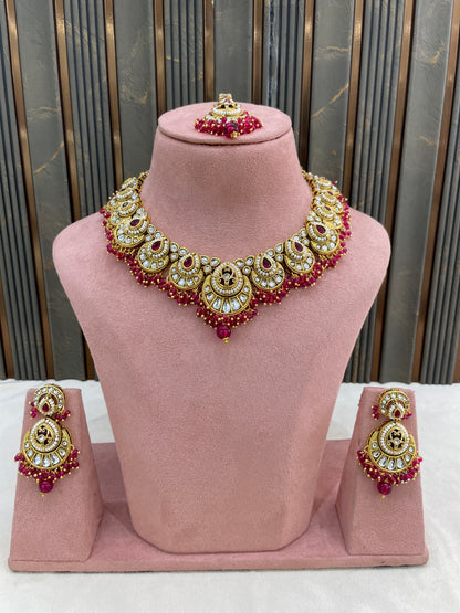 Gold Manjenta Kundan necklace Set/ kundan Indian Ekan jewellery sets