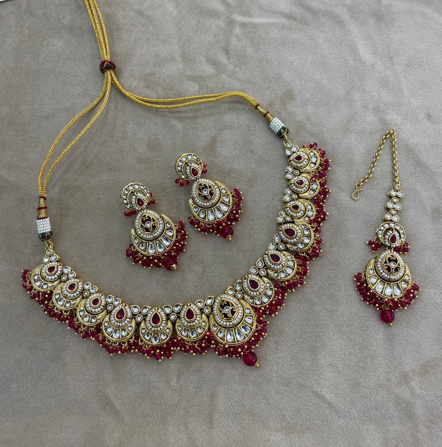 Gold Manjenta Kundan necklace Set/ kundan Indian Ekan jewellery sets