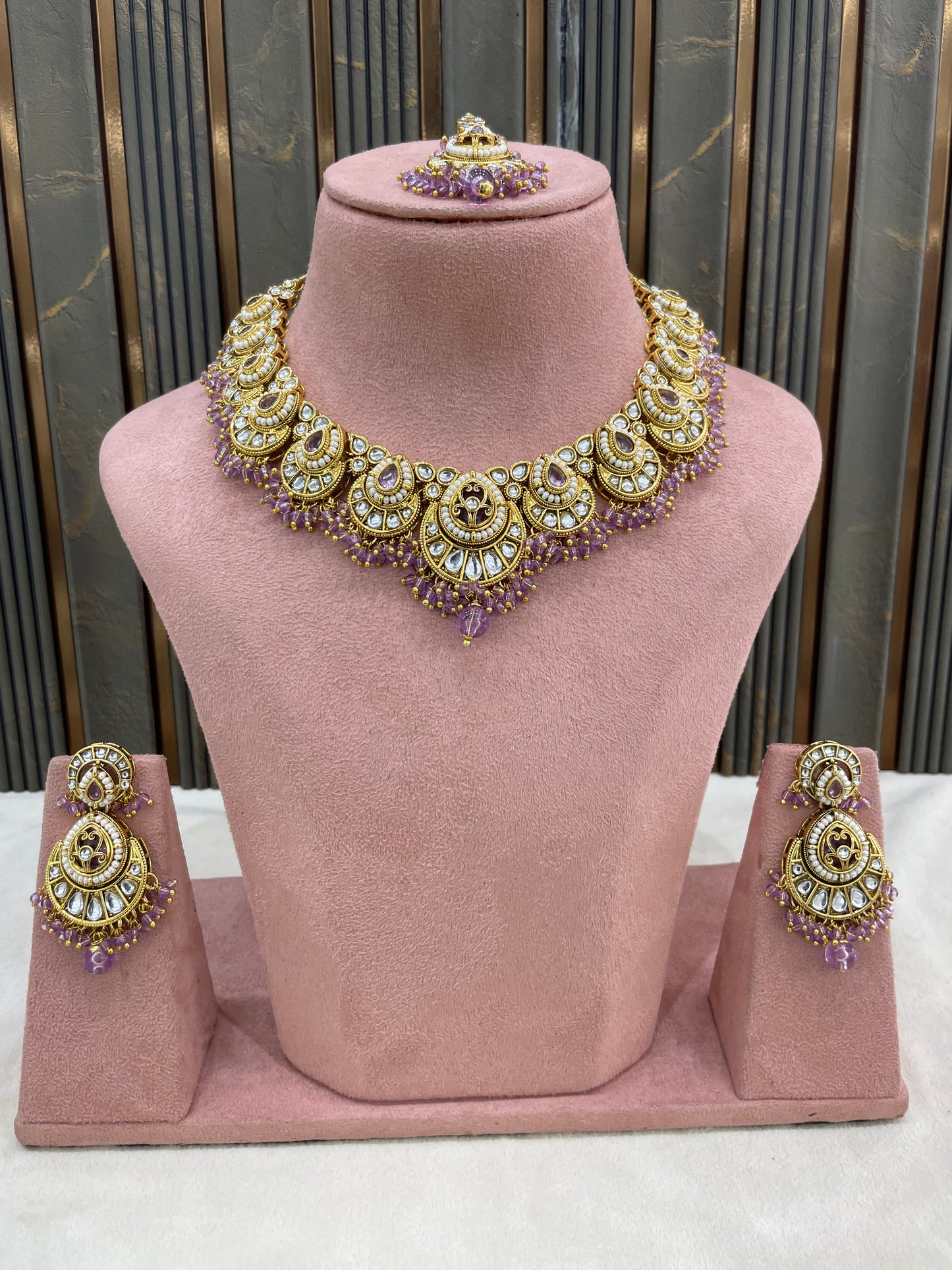 Gold Lavender Kundan necklace Set/ kundan Indian Ekan jewellery sets