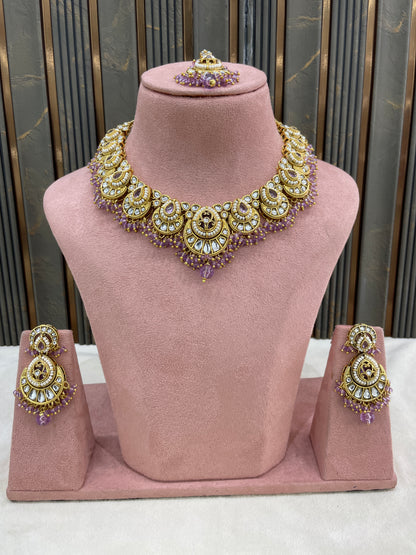 Gold Lavender Kundan necklace Set/ kundan Indian Ekan jewellery sets