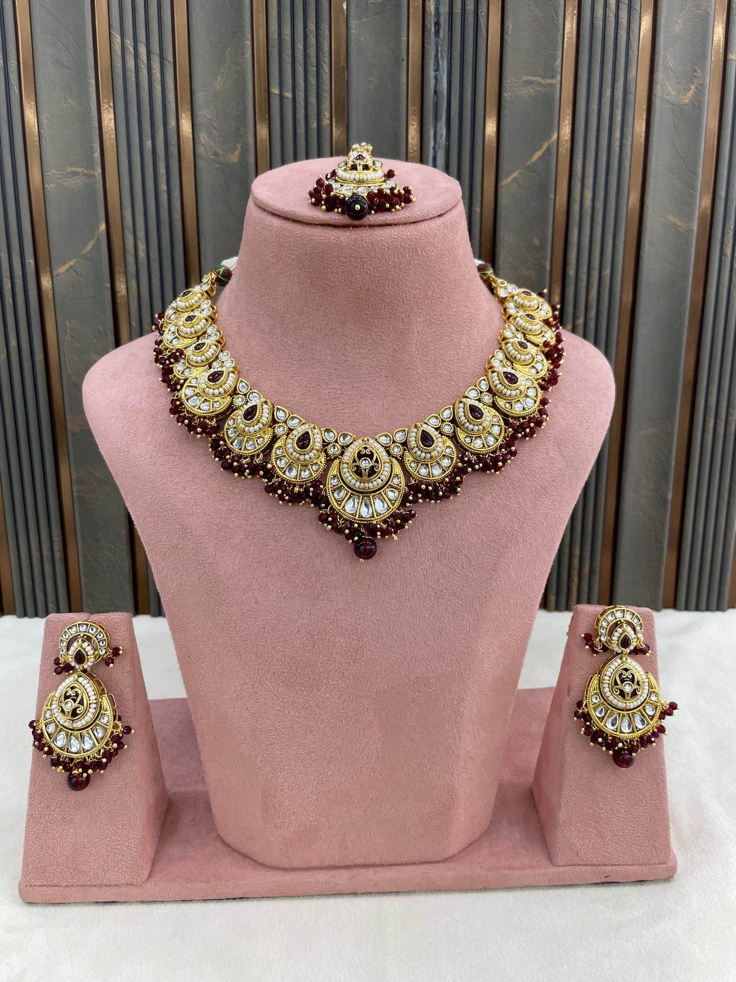 Gold Maroon Kundan necklace Set/ kundan Indian Ekan jewellery sets
