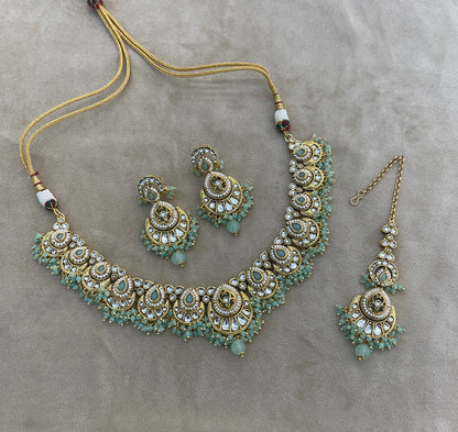 Gold Mint Kundan necklace Set/ kundan Indian Ekan jewellery sets